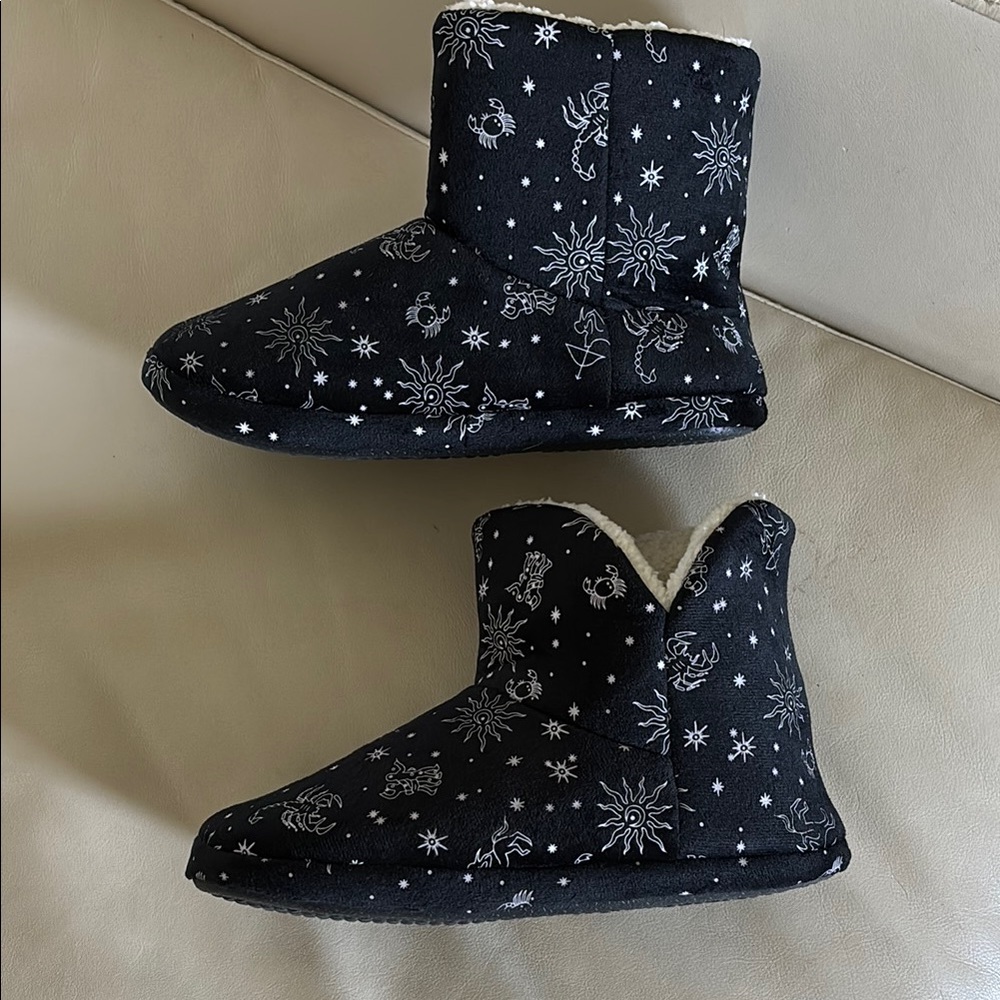 Celestial Astrology Soft Slipper Booties Navy Blue and White